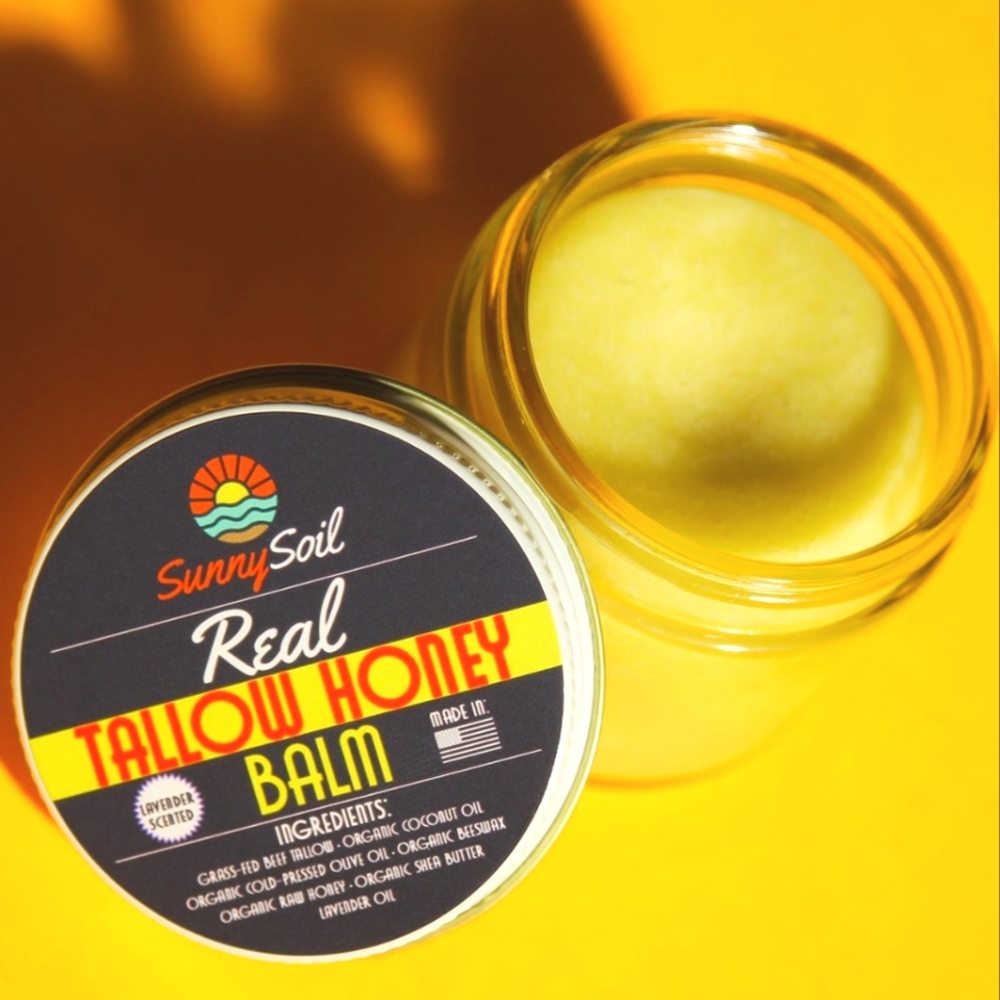 NEW SUNNY SOIL PRODUCTS COMING SOON! REAL Tallow Lavender Scented Honey Balm-2oz